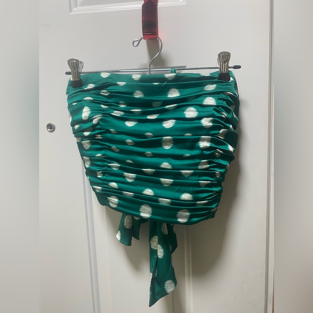 Hutch Size 10 Strapless Sweetheart Ruched Top Green & White Dot